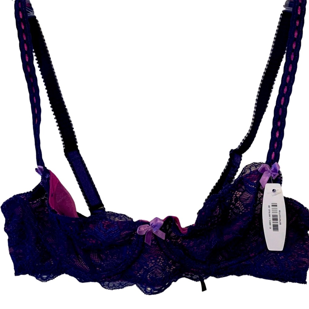 Adore Me Sheer Navy Lace Balconette Bra with Purple Details NWT 32B
